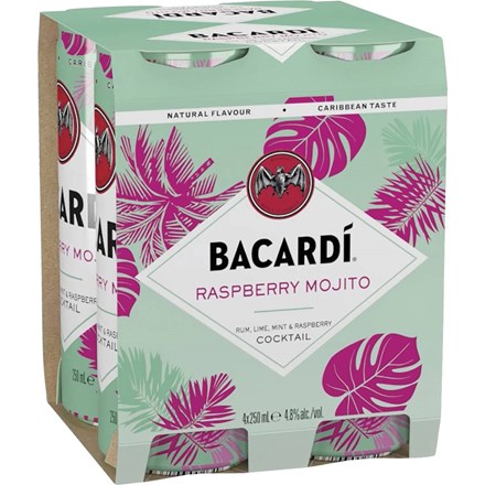 bacardi rasberry mojito 4.8% 4pk 250ml cans bacardi rasberry mojito 4.8% 4pk 250ml cans